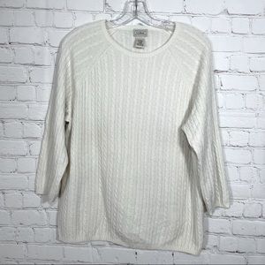 LL Bean Womens XL Sweater Ivory Cable Knit Cashmere Blend Crew Neck 3/4 Sleeve